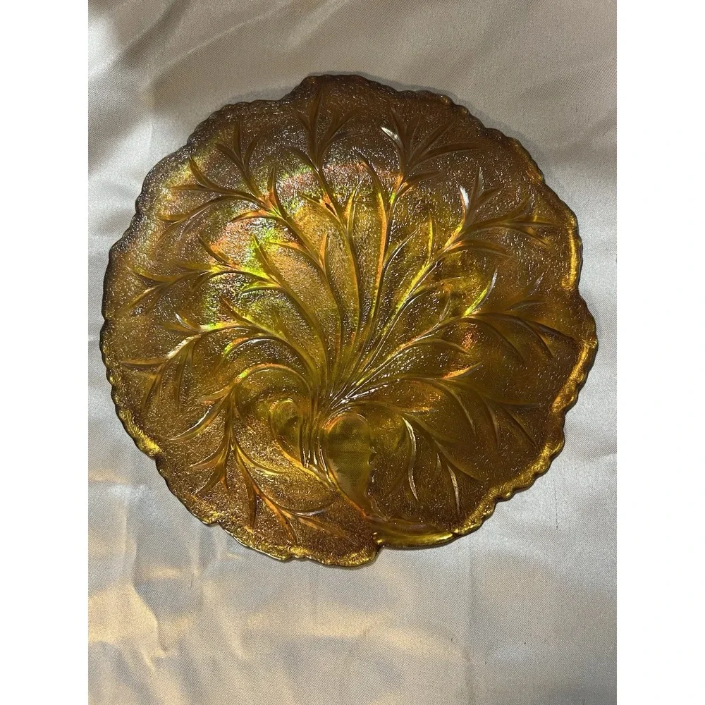 2- VTG Indiana Glass Iridescent Marigold Branch Carnival Glass Plate 10